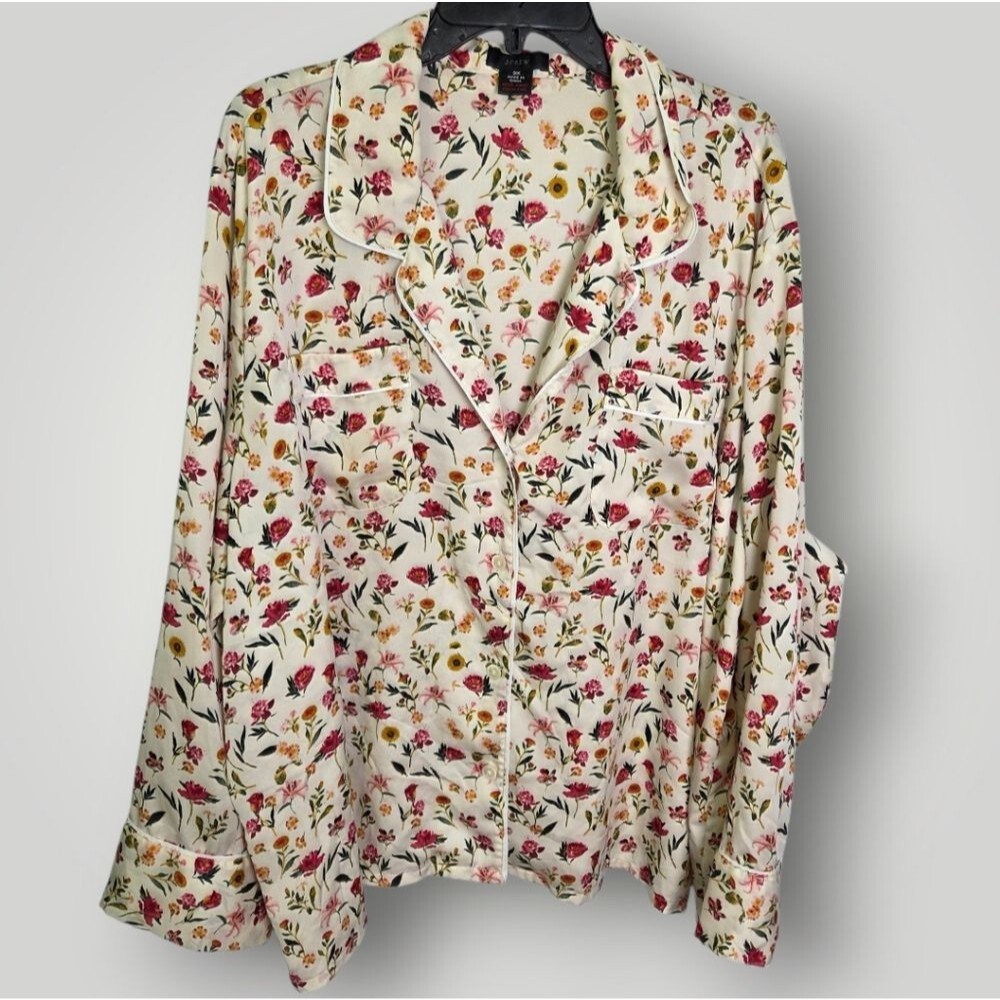 J. Crew Floral Pajama Top Cream Multicolor Button Front Satin Size 3X